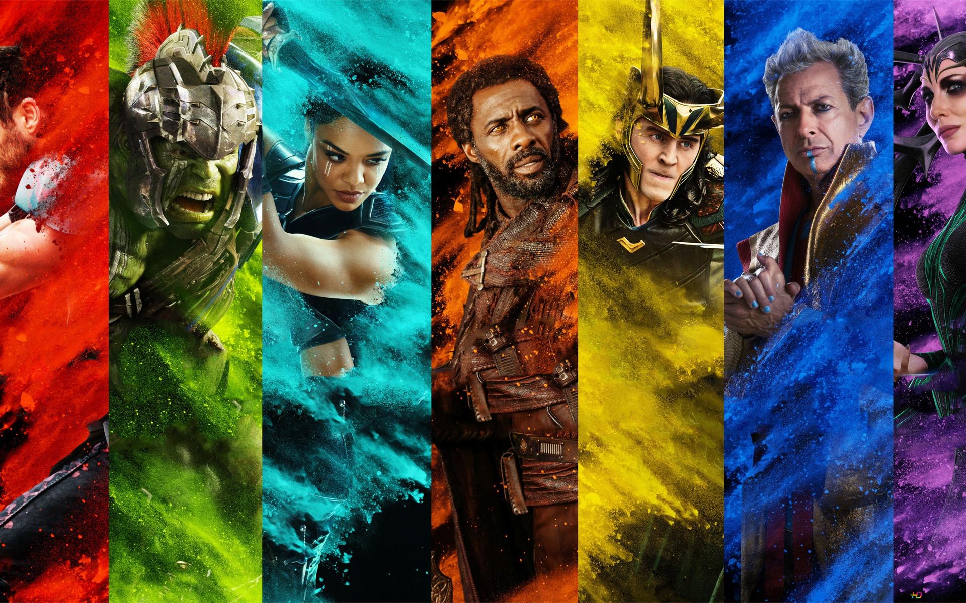 The main characters of the movie Thor: Ragnarok, painted in different colors of the rainbow. - Thor