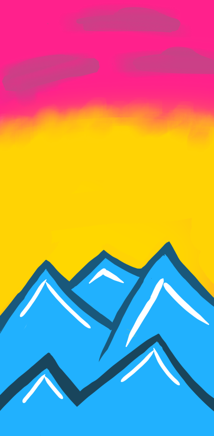 A colorful illustration of a mountain range with a sunset in the background - Pansexual
