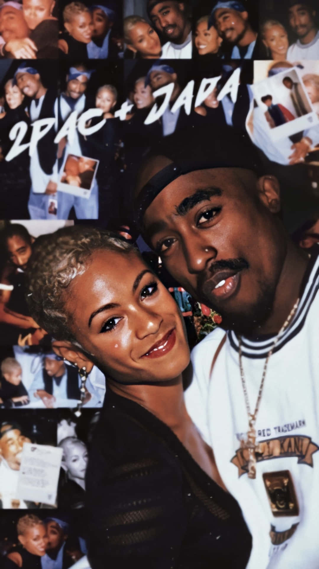 A couple posing for the camera in front of many pictures - Tupac