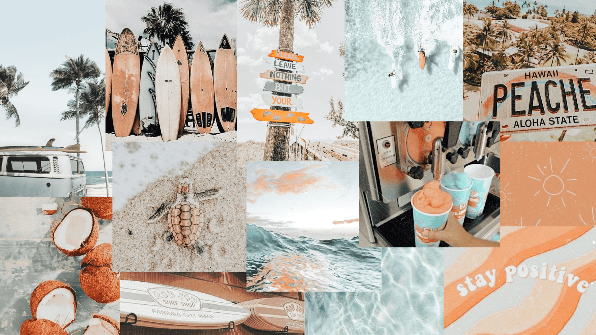 A collage of surfing photos including surfboards, coconuts, and beach signs. - Beach