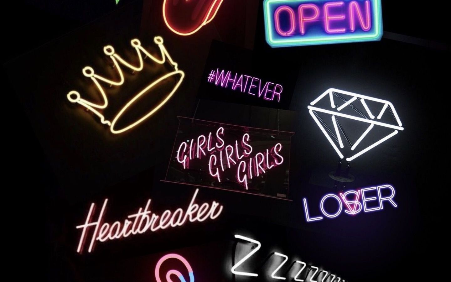 A collection of neon signs with different words on them - Neon
