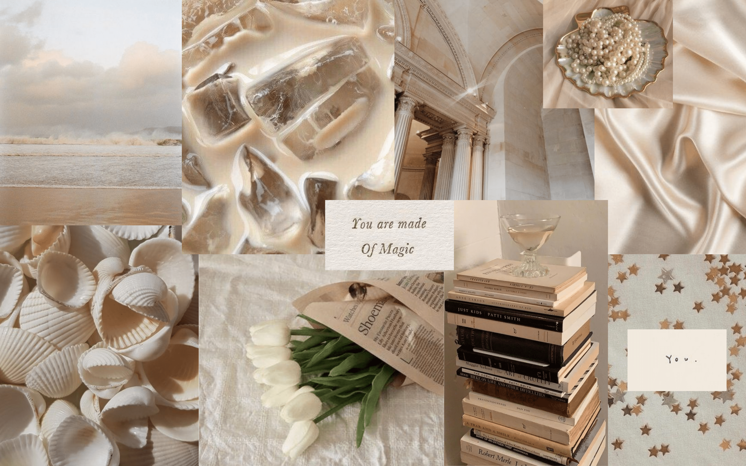 A collage of beige and cream aesthetic images including books, flowers, and wine. - Beige