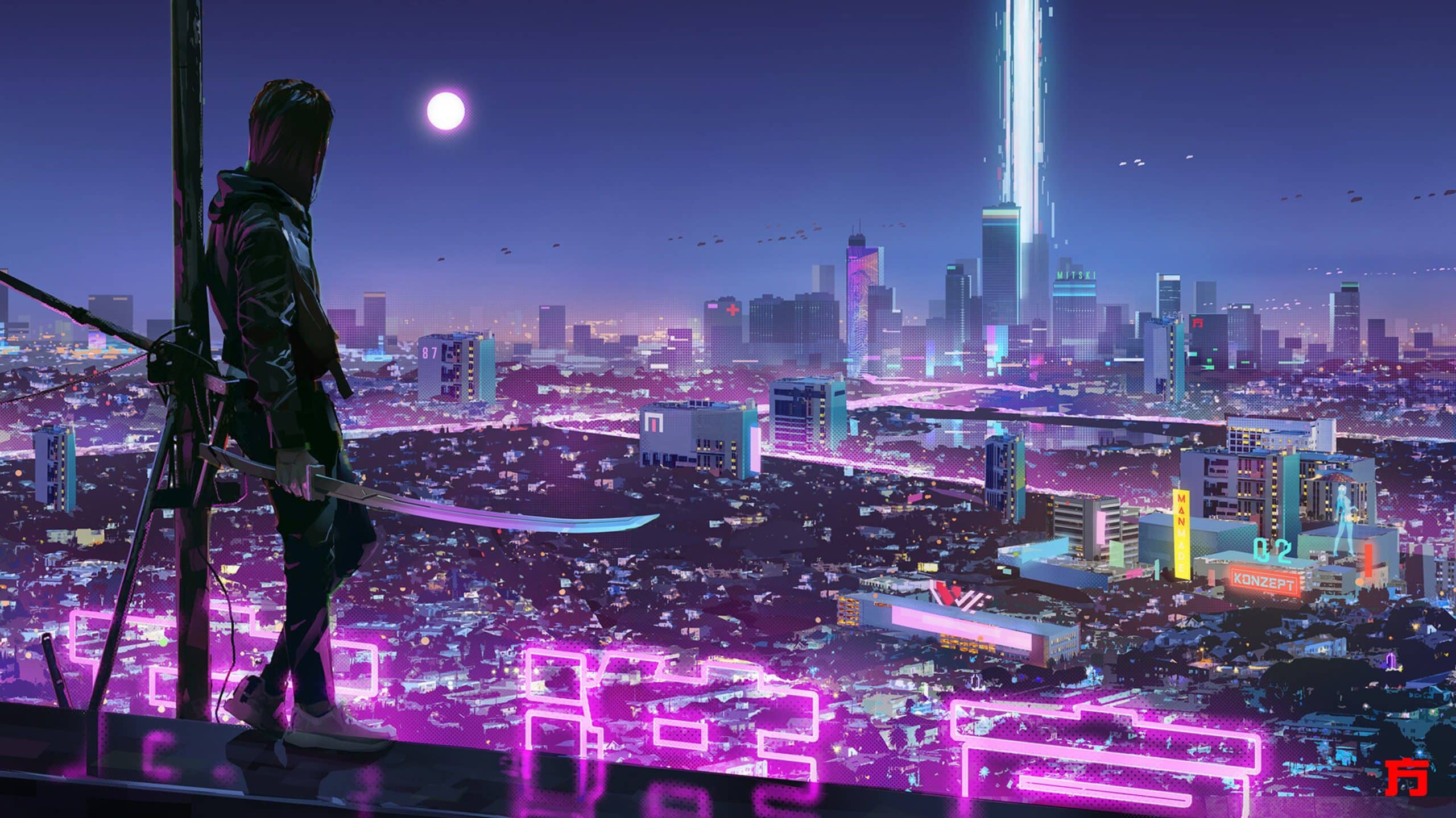 A person standing on top of the building - Cyberpunk, HD
