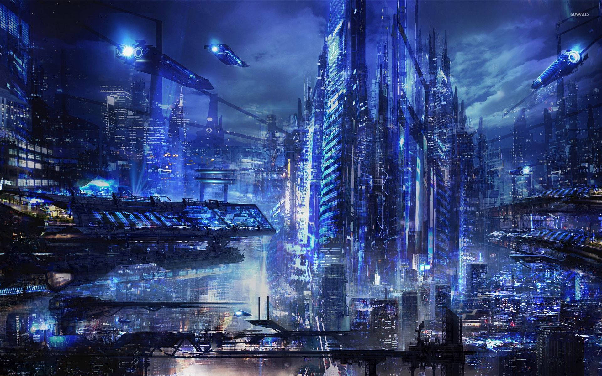 A futuristic city with blue lighting and buildings - Cyberpunk