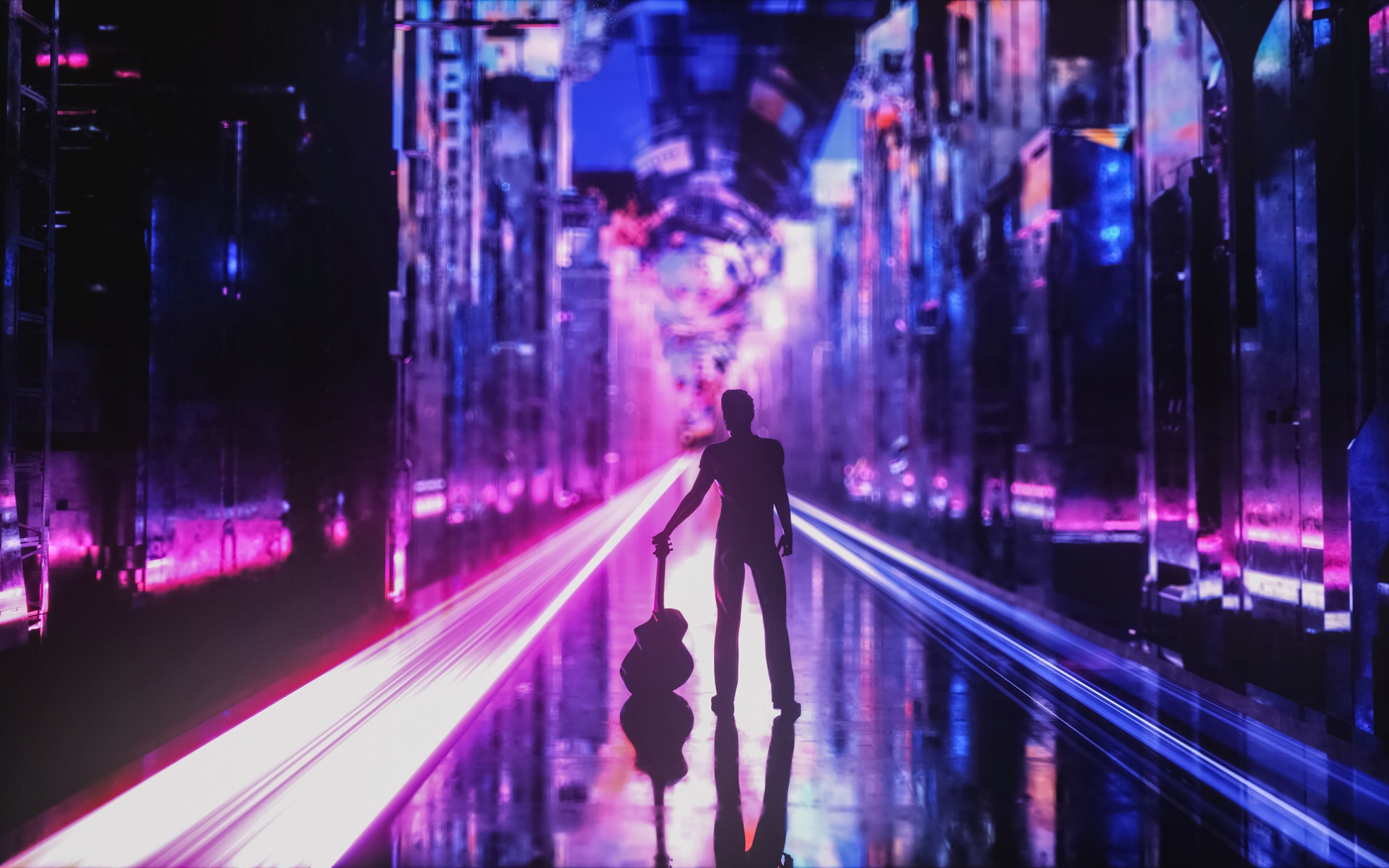 A person standing in a neon-lit city with a suitcase. - Cyberpunk