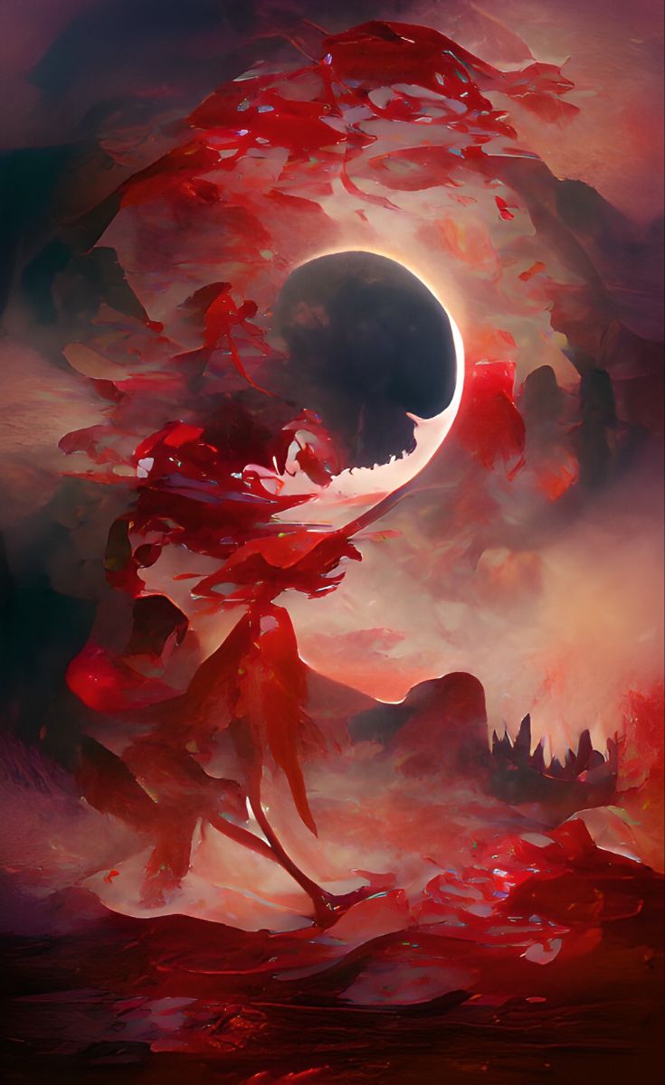 A painting of an eclipse with red clouds - Blood