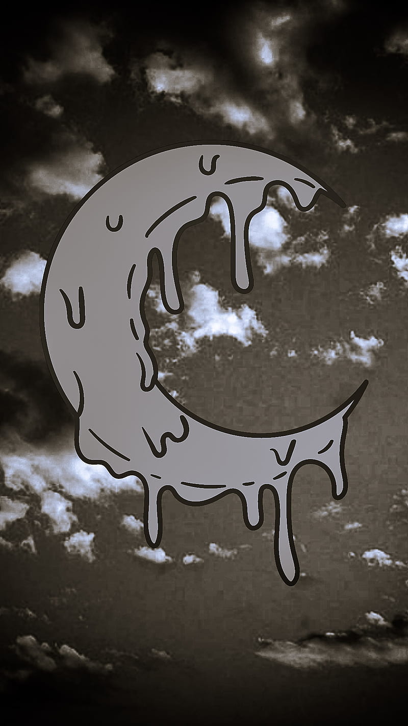 A melting crescent moon with dripping paint against a cloudy sky - Gothic, emo