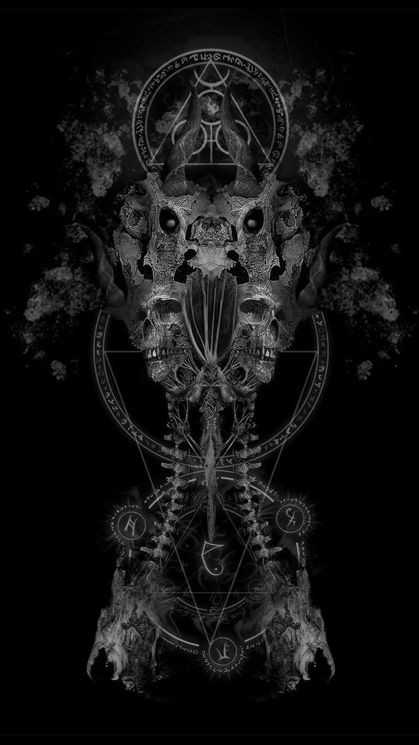 A dark and eerie digital illustration of a skull with horns and tentacles. - Gothic, emo