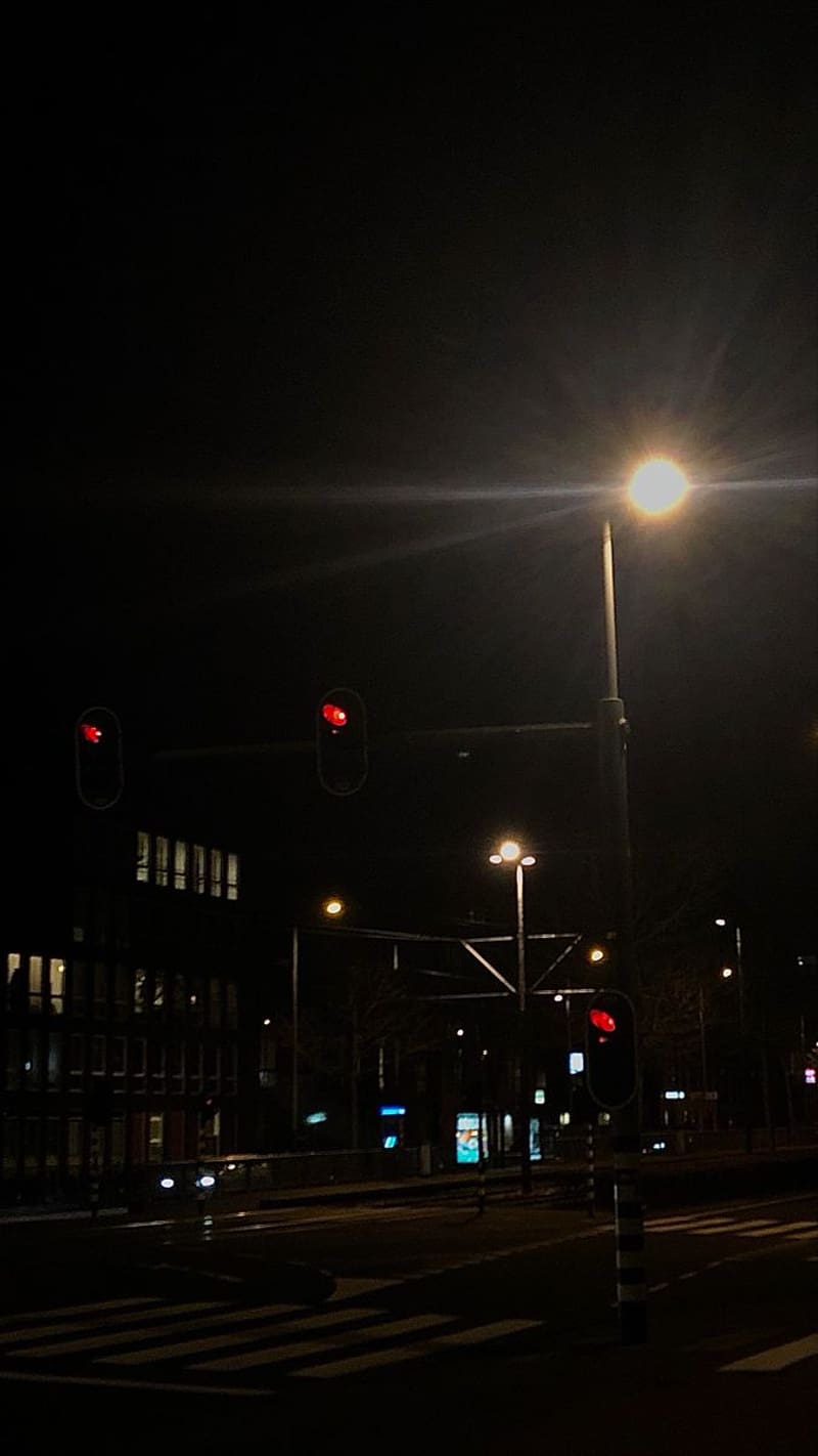 A dark street with a traffic light and a light pole. - Night