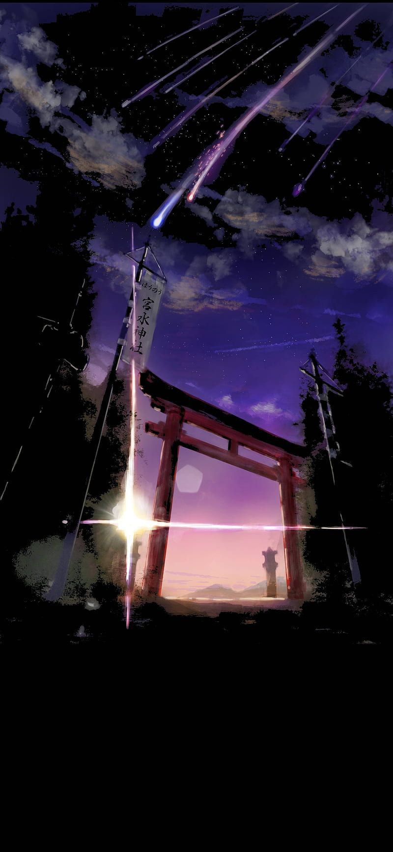 A red torii gate with a paper lantern hanging from it. A shooting star streaks across the sky. - Night, Japanese, Japan