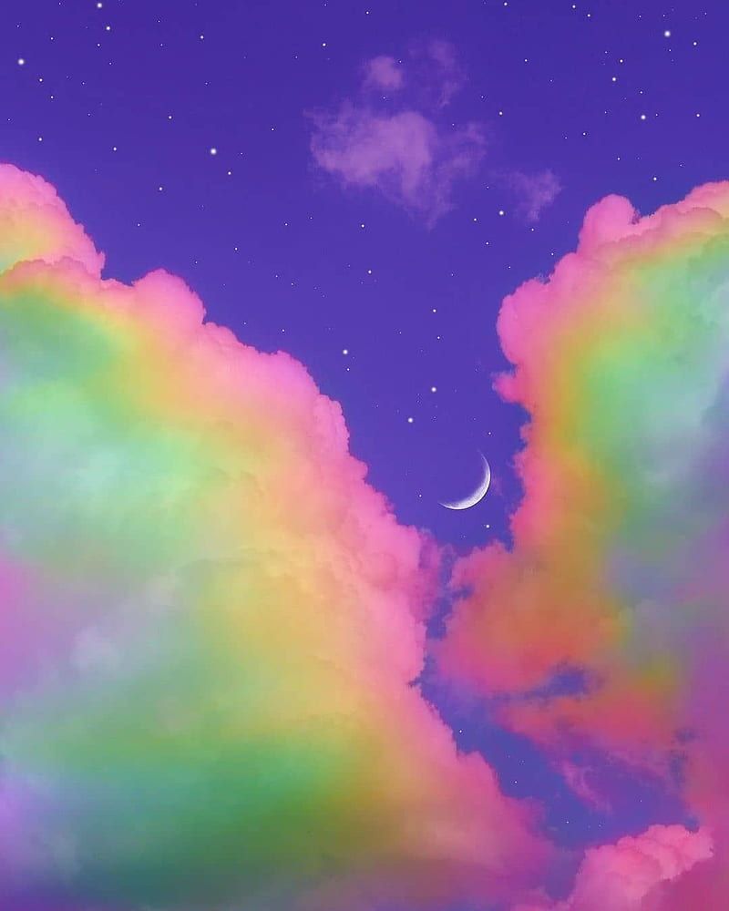 A beautiful image of a night sky with a crescent moon and stars - Rainbows, pastel rainbow