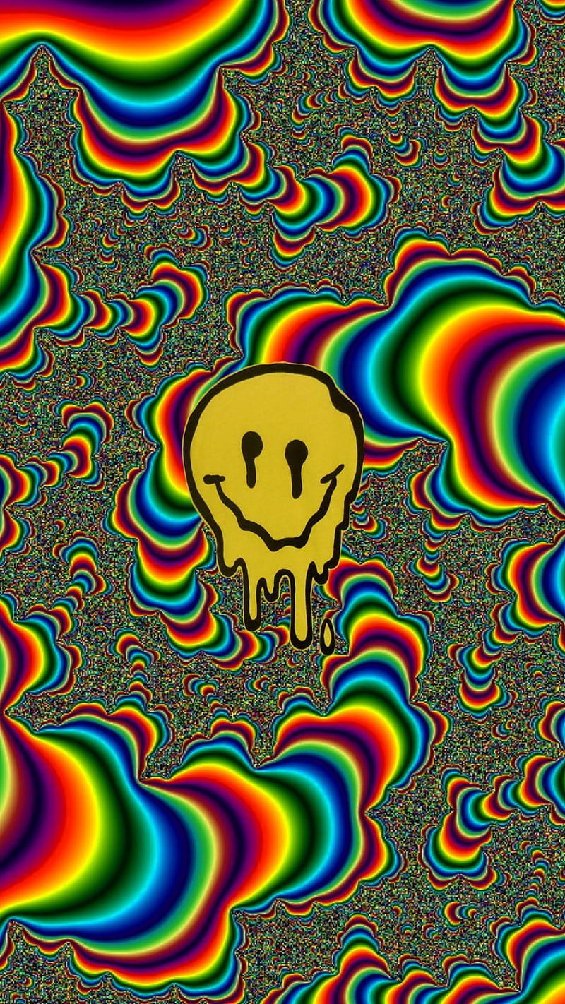 A smiling yellow skull surrounded by a rainbow of dripping paint on a black background - Trippy, rainbows, smile, funny