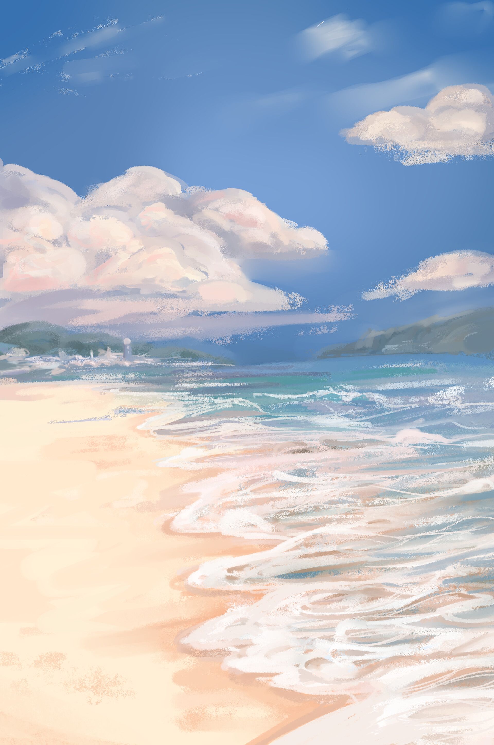 A painting of a sandy beach with the ocean and sky in the background. - Beach