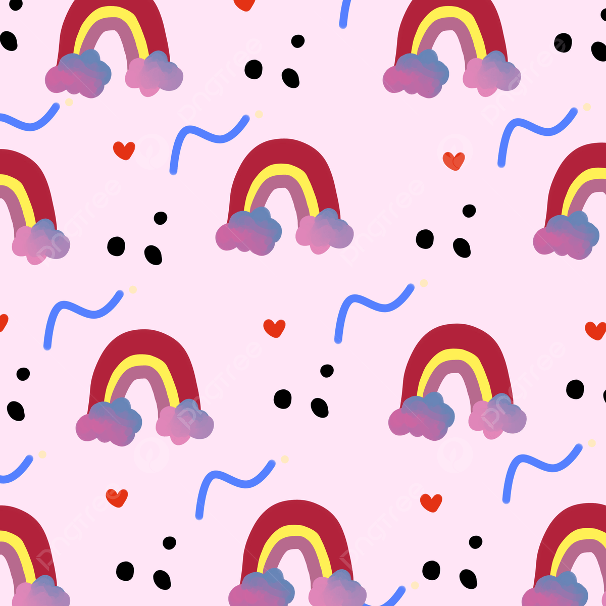 A pattern of rainbows and hearts on pink background - Rainbows