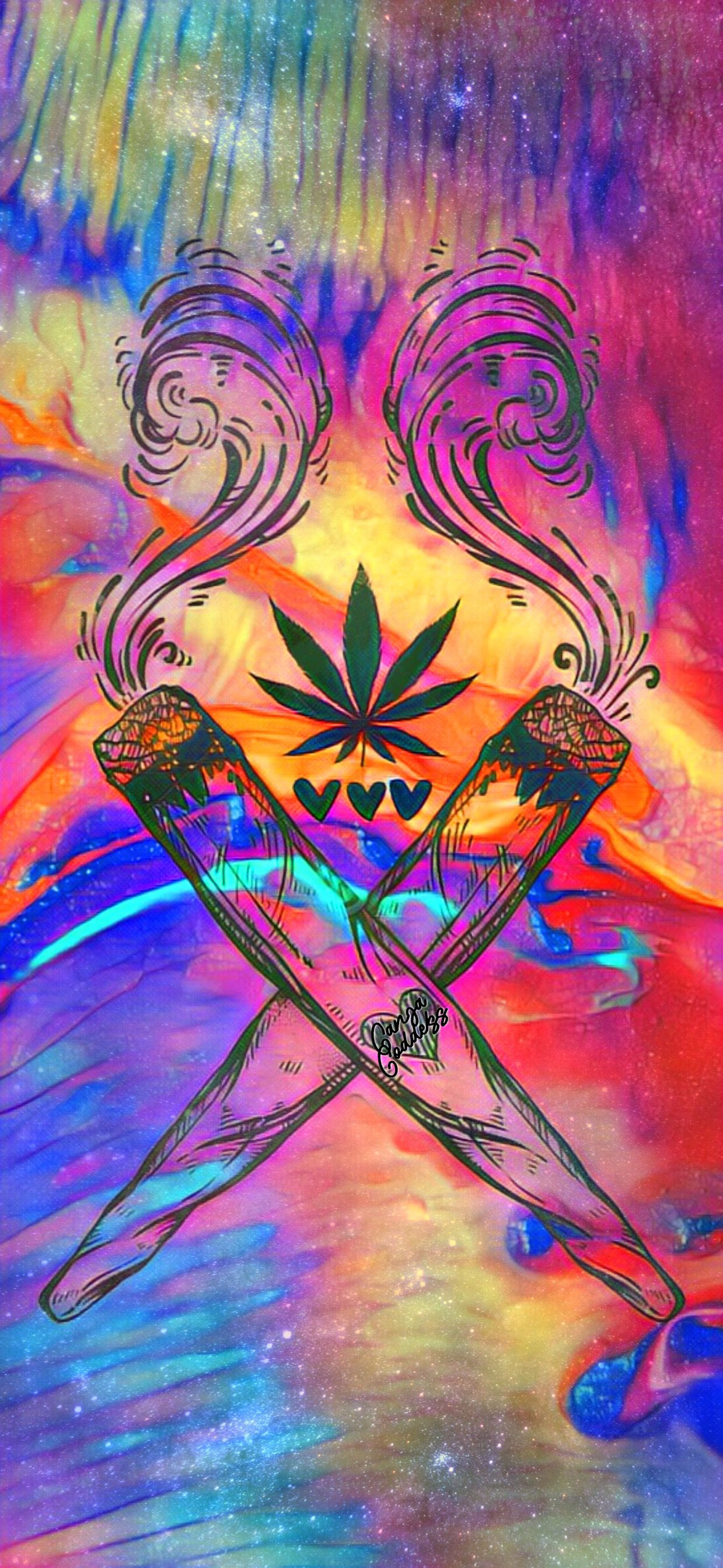 A colorful background with a cannabis leaf in the middle - Weed