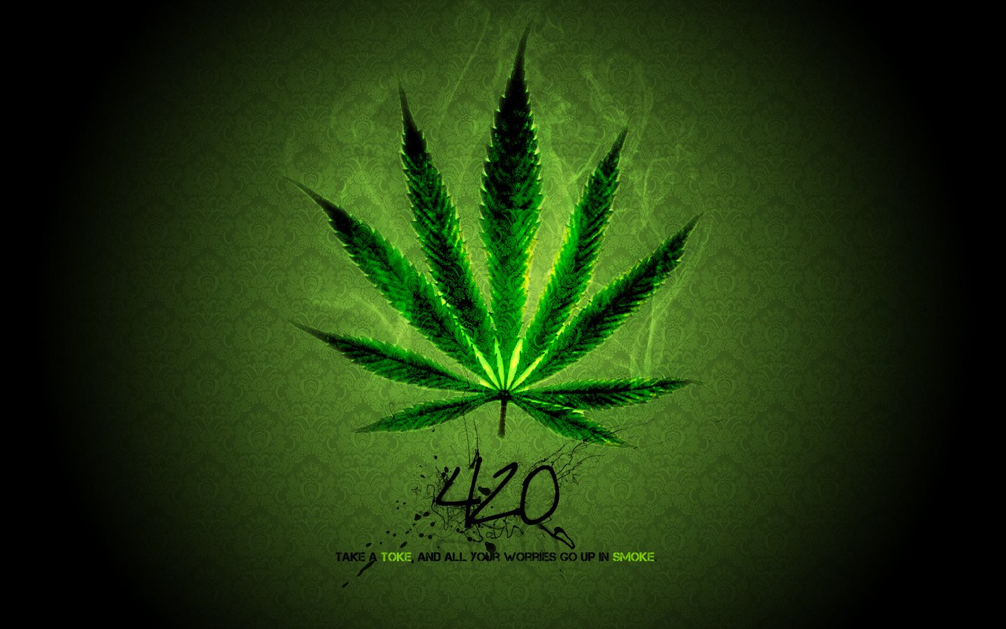 A green background with a marijuana leaf in the center - Weed