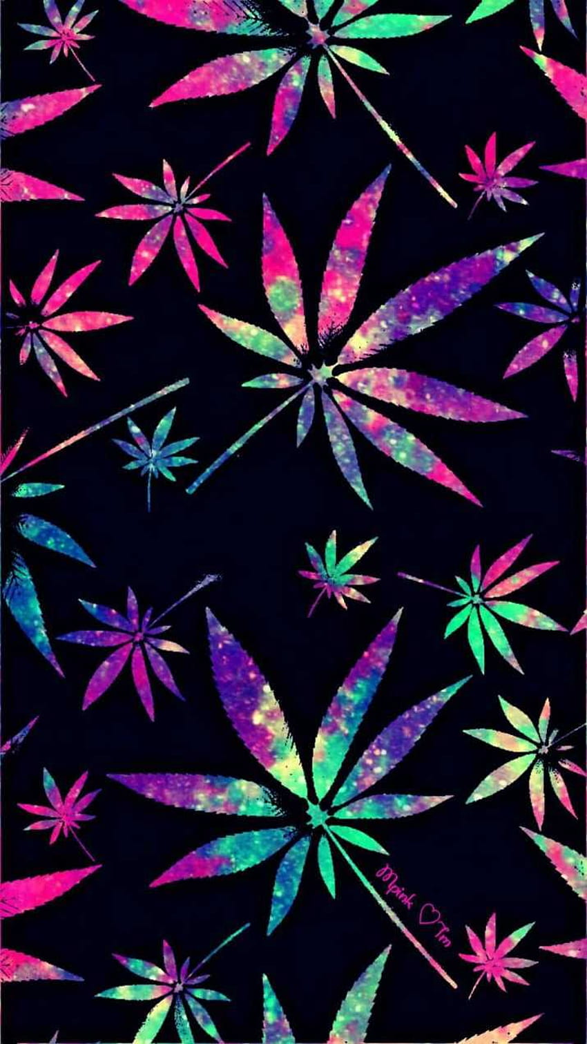A colorful marijuana leaf pattern on black background - Weed