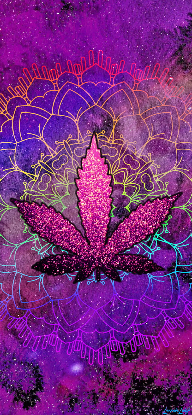 A neon purple glittery cannabis leaf on a galaxy background. - Weed