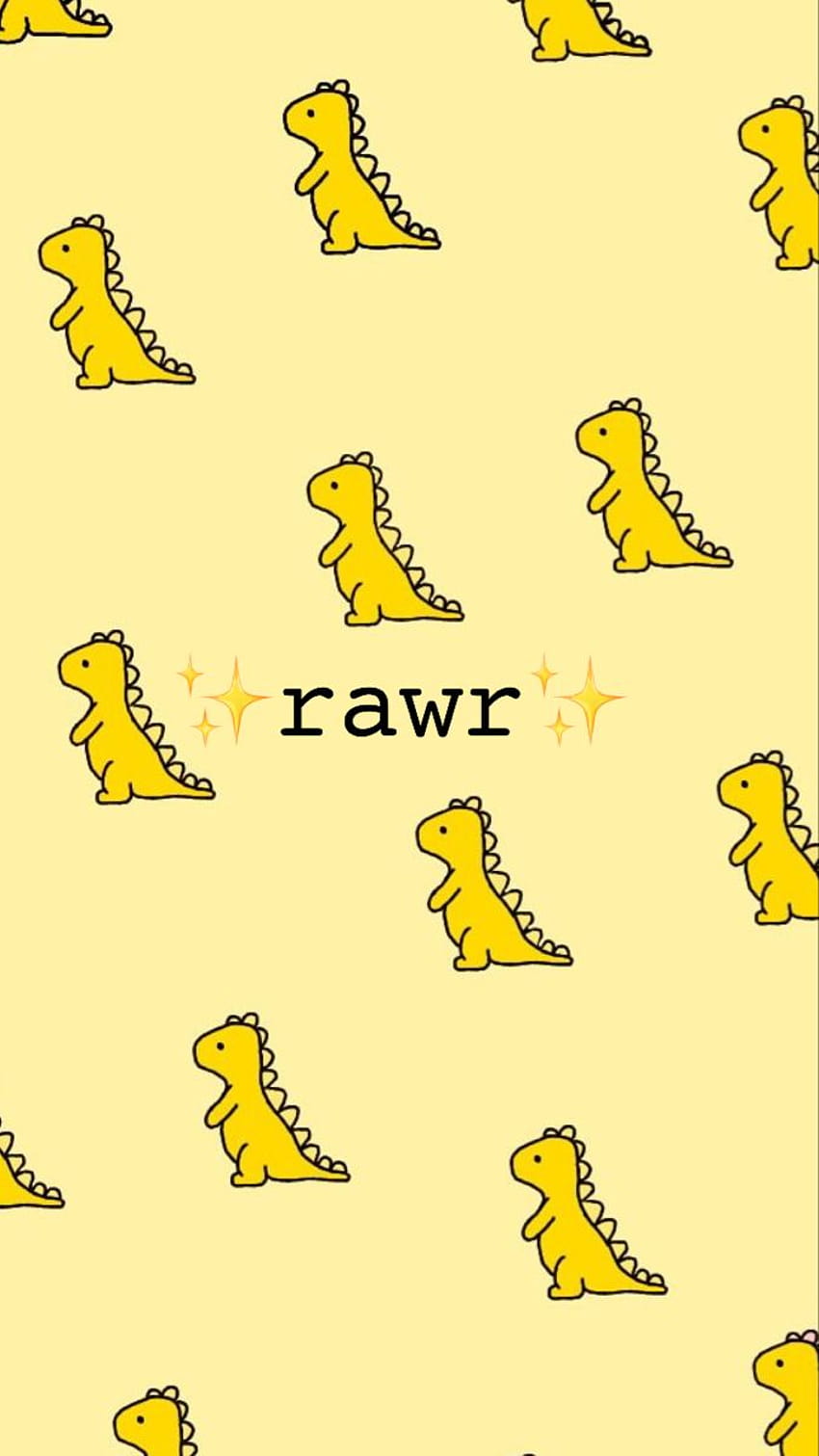 A yellow phone background with a pattern of baby dinosaurs and the word 