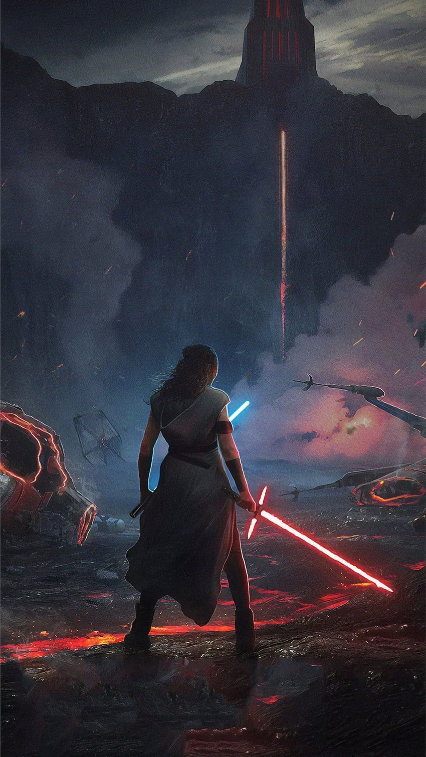 Rey lightsaber in hand standing in front of a ship and a mountain - Star Wars