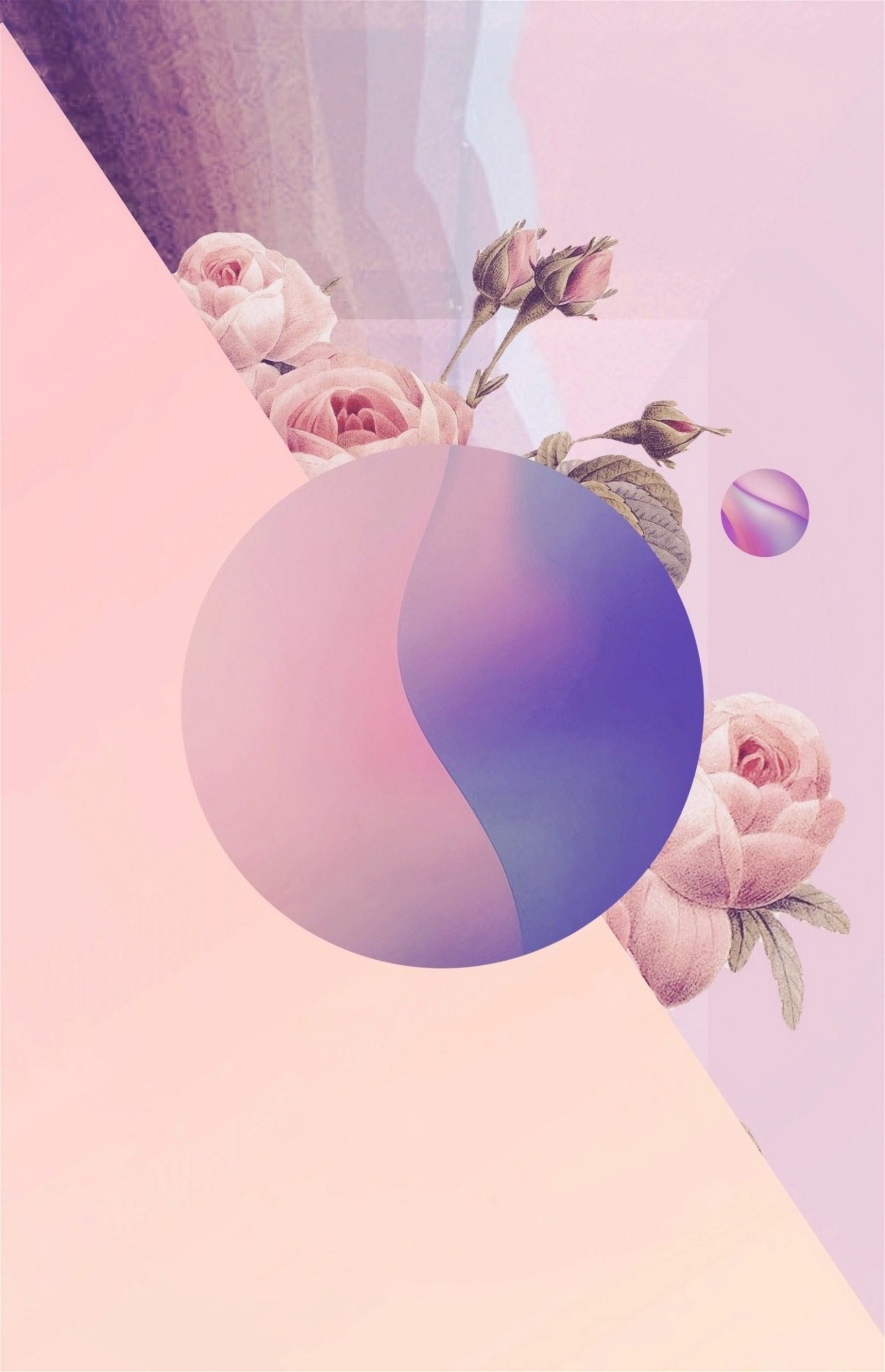 A graphic of a purple and blue circle with pink roses on a pink and purple background - Vaporwave