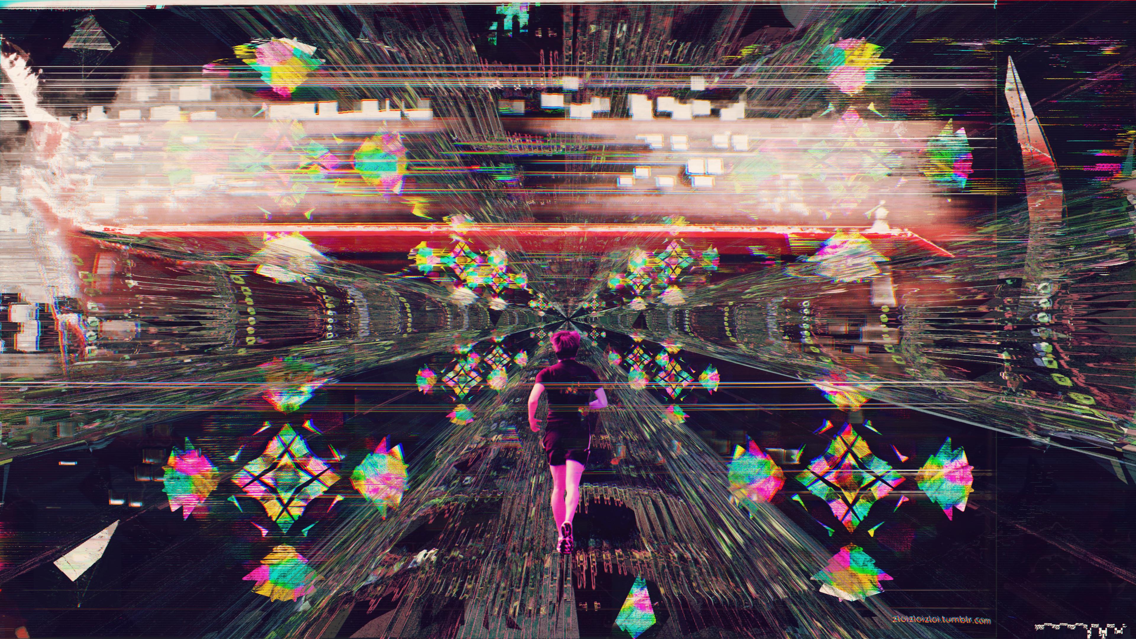 A woman with a suitcase is walking through a futuristic city. - Vaporwave, glitch