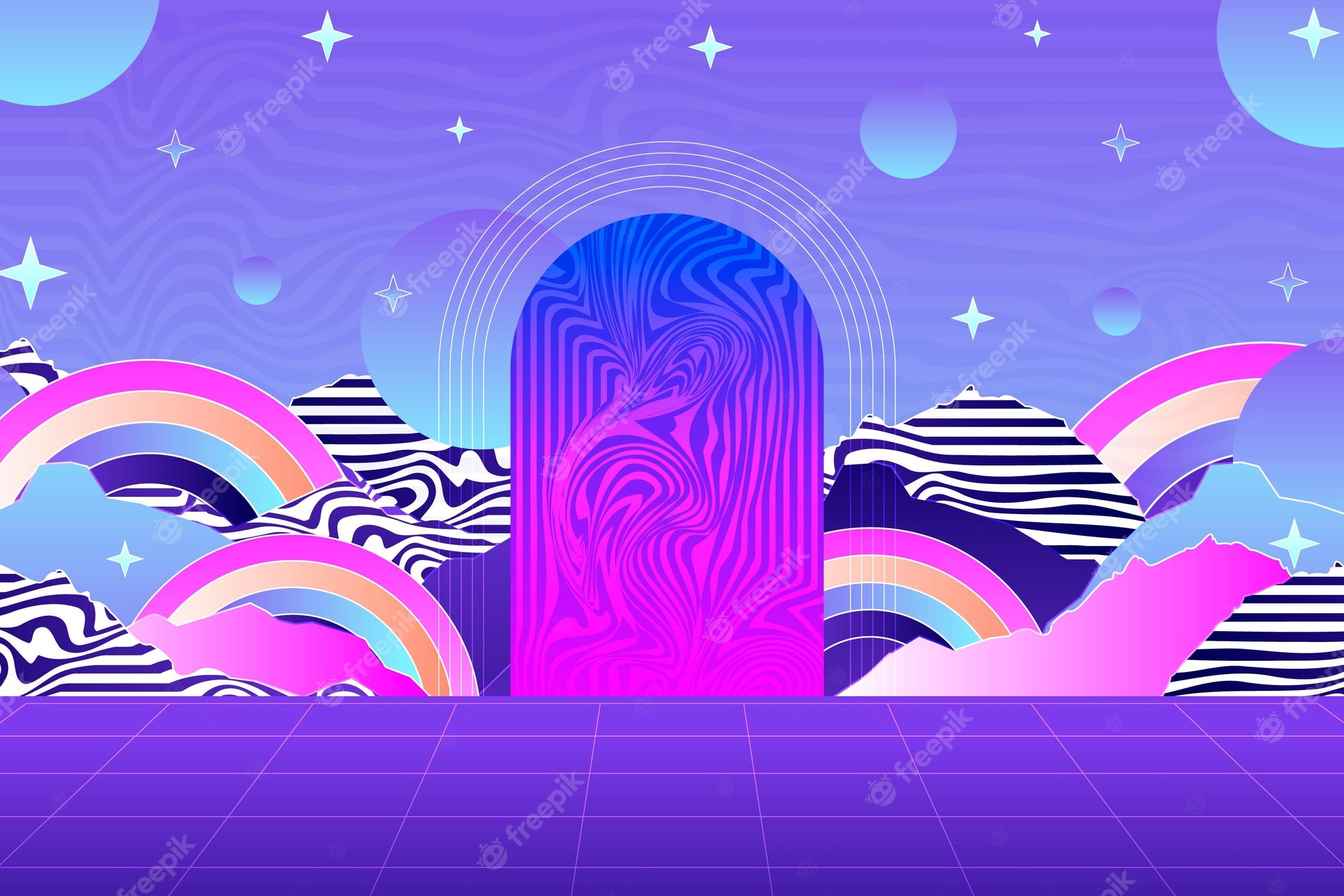 A purple abstract illustration with rainbow clouds and stars - Vaporwave