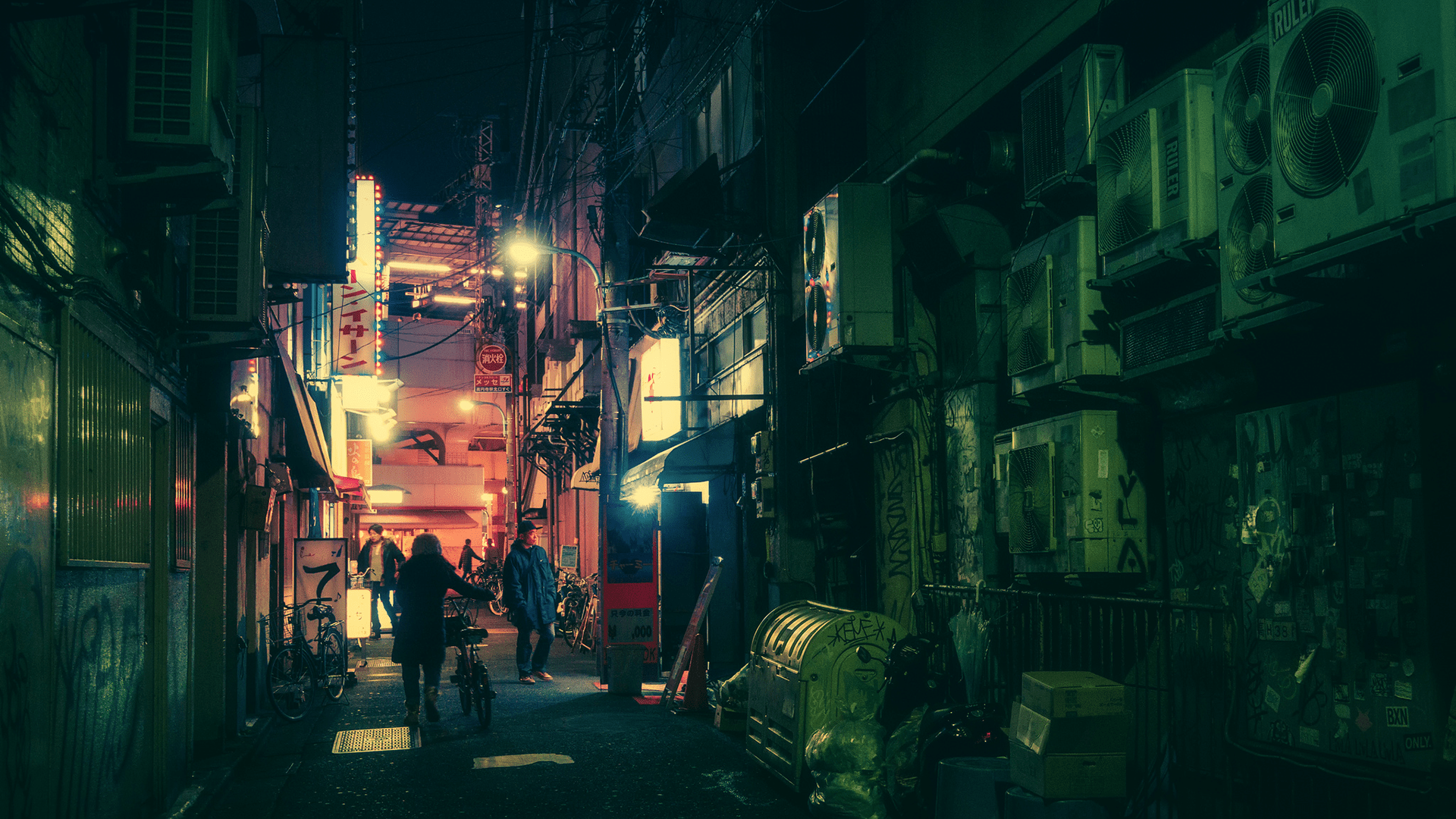 Wallpaper : street, night, neon, bicycle, road, green, Japanese, Tokyo, infrastructure, light, color, alley, darkness, screenshot, urban area, computer wallpaper 1920x1080