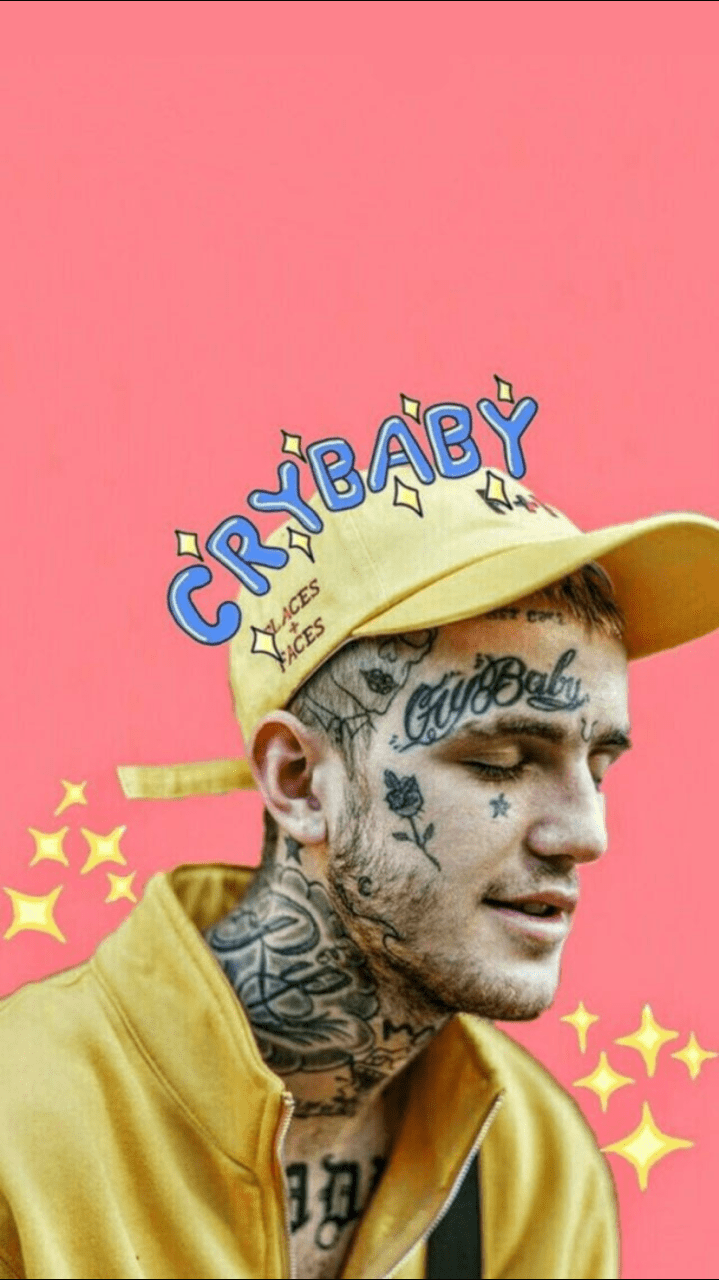 A portrait of Lil Peep with his name tattooed on his face and the word 