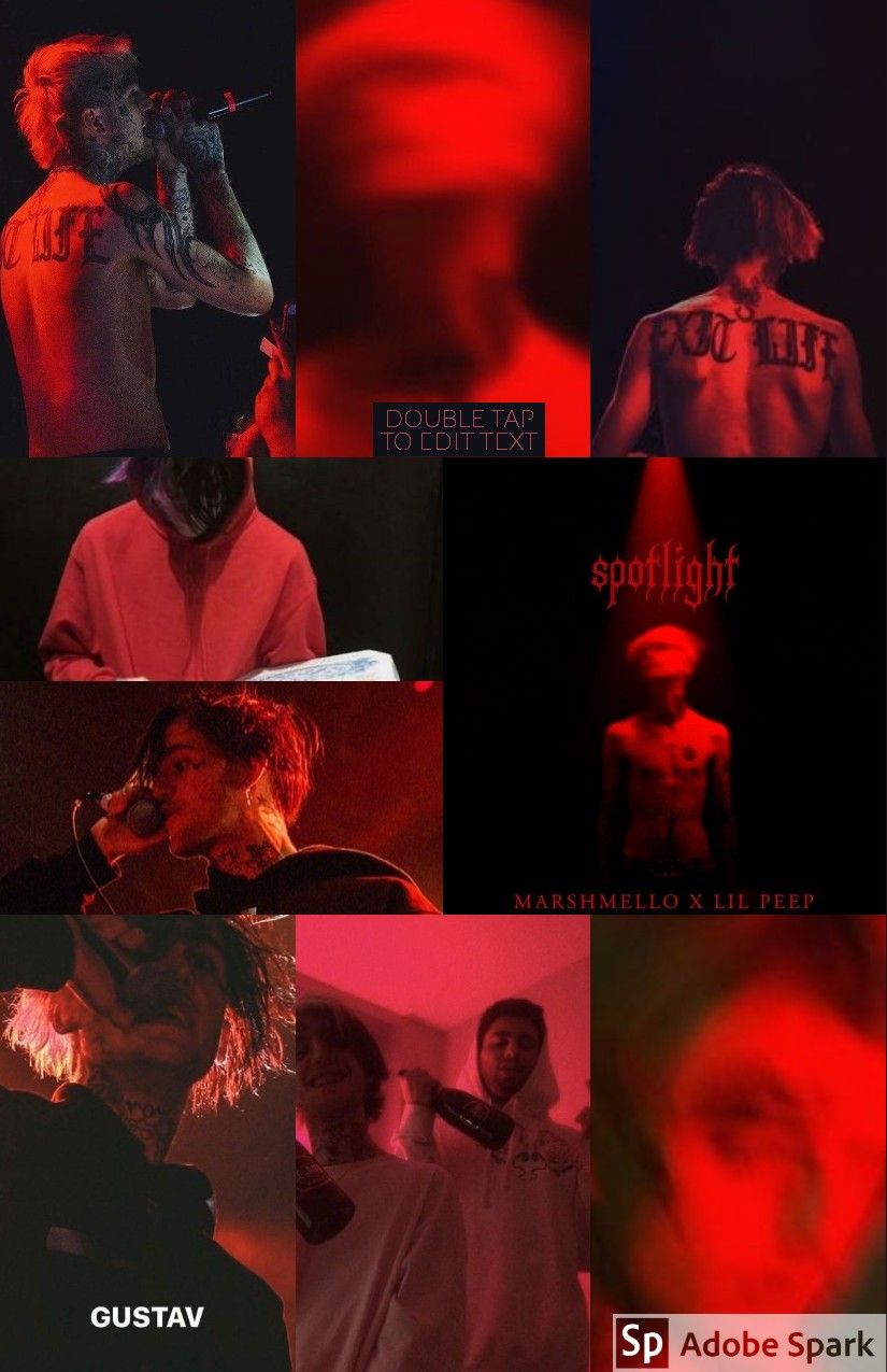 A collage of pictures with red lighting - Lil Peep