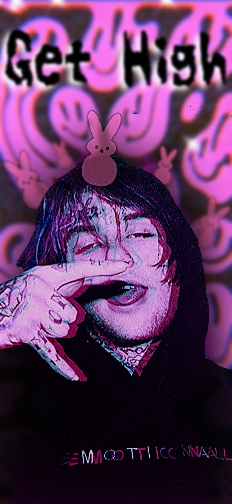 A photo of a man with a bunny on his head and the words get high - Lil Peep