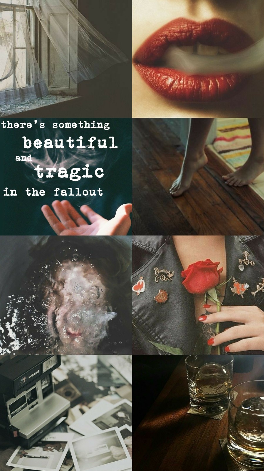 Aesthetic collage of a girl, a rose, a broken mirror, a polaroid, and a broken record player. - Gemini