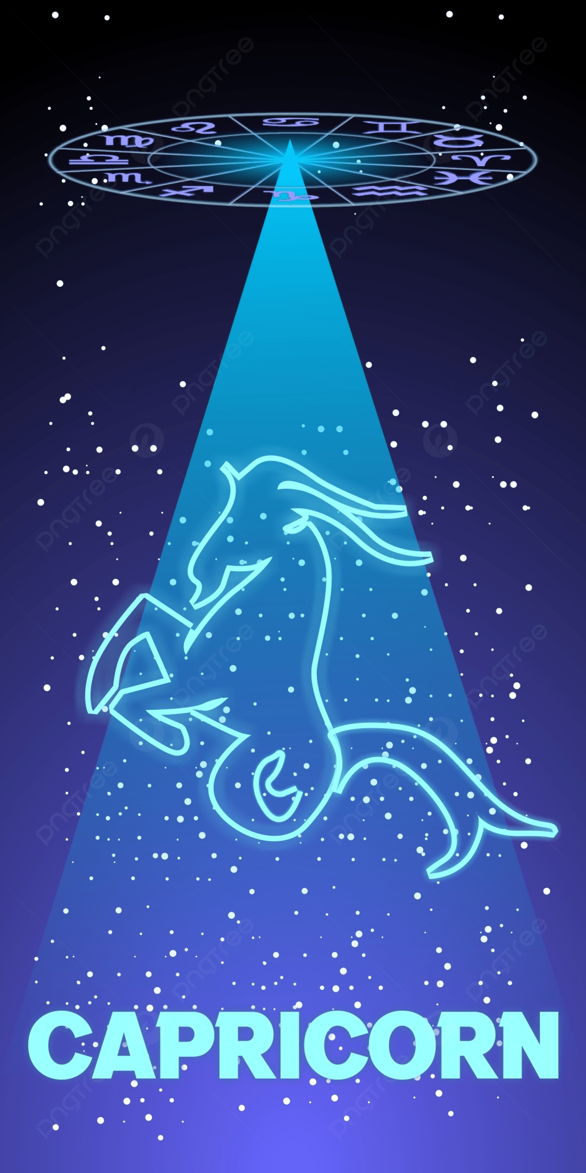 Capricorn zodiac sign on a dark blue background with stars and a flying saucer. - Capricorn