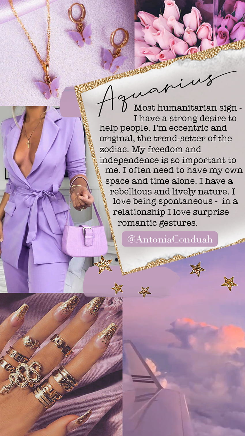 A collage of a woman wearing purple, a gold necklace, and a handbag. - Aquarius
