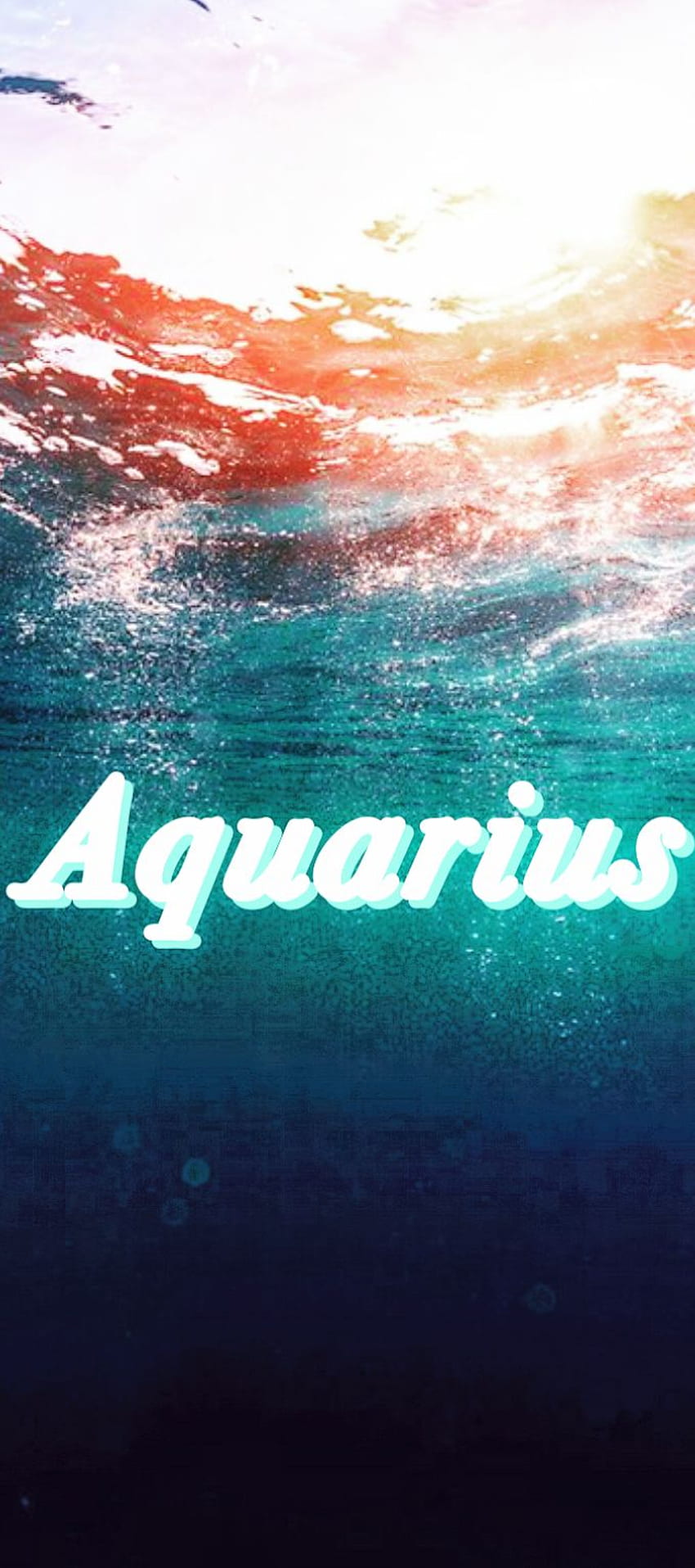 Aquarius wallpaper, drawn in white, on a blue and turquoise background, with water and sun in the background - Aquarius