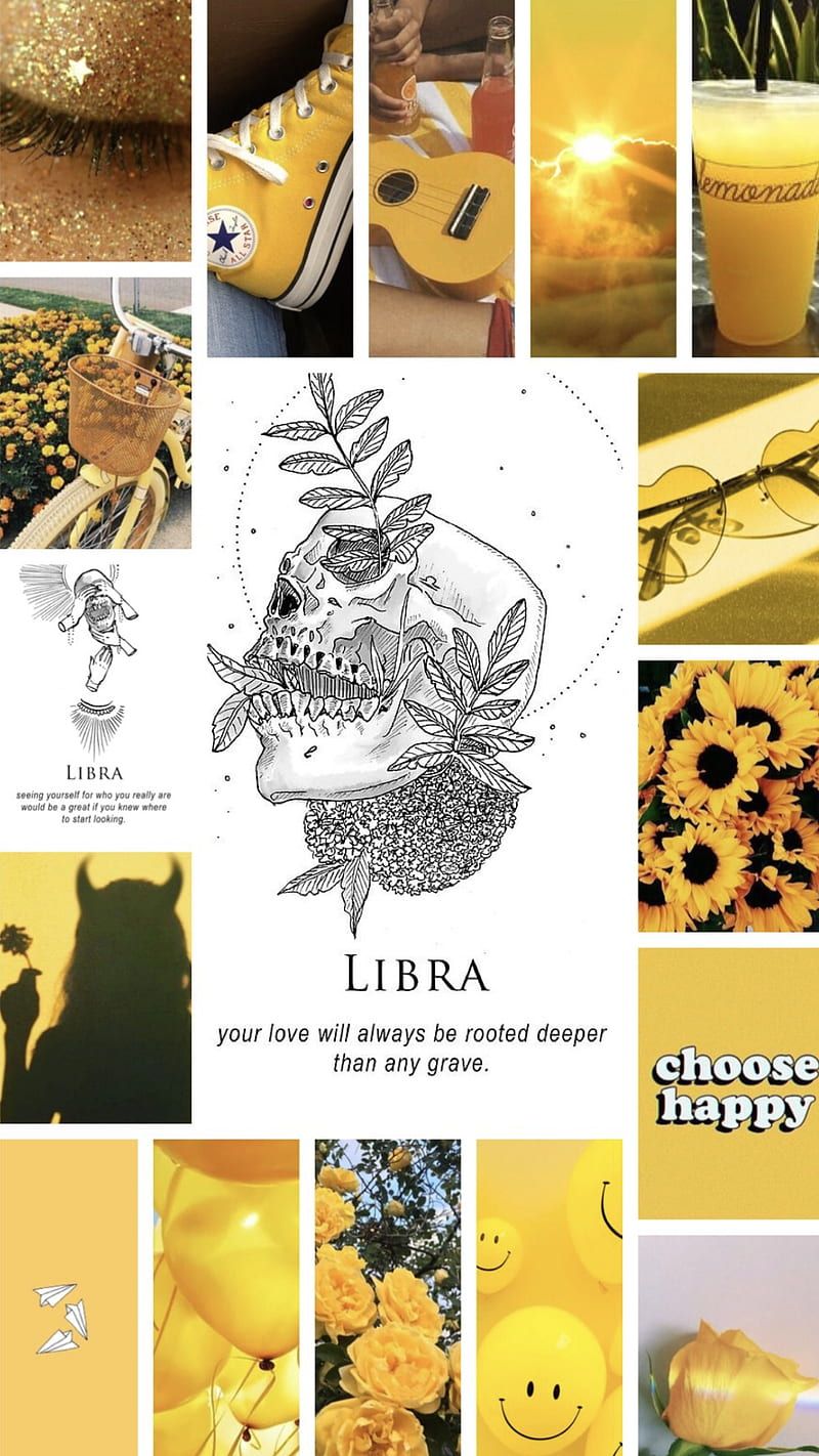 A collage of yellow aesthetic pictures including sunflowers, a skull, a guitar, and a cup of lemonade. - Libra