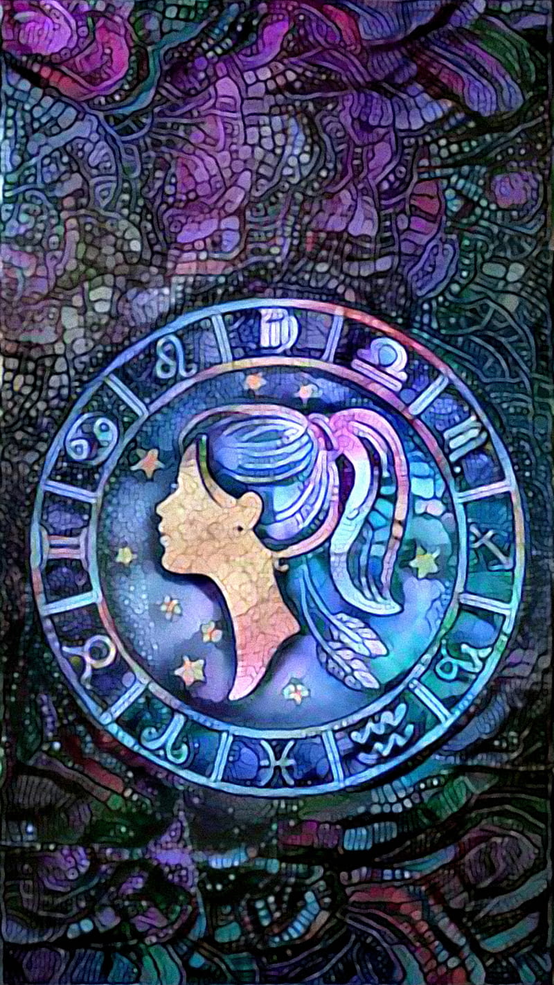 Watercolor painting of a woman's profile in a circular zodiac wheel - Virgo