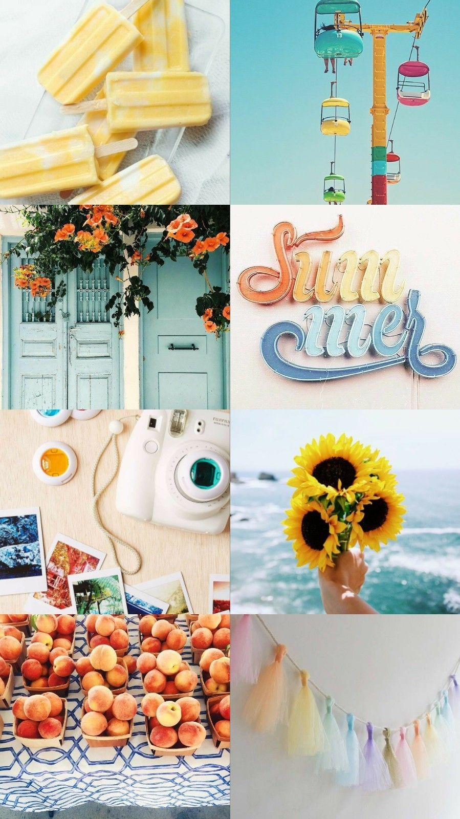 A collage of summer images including ice cream, a beach, and sunflowers.  - Summer