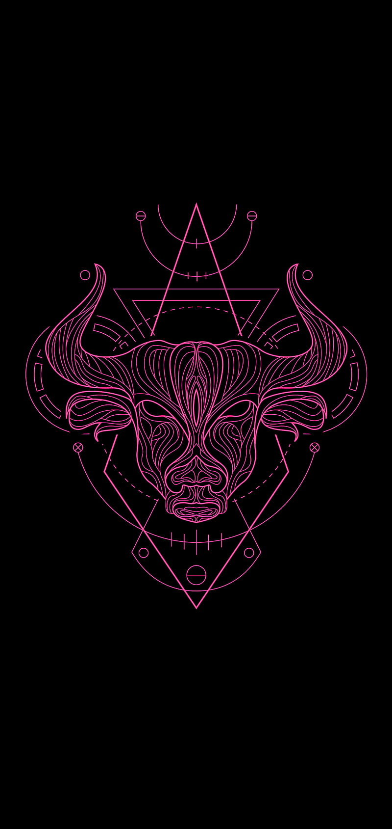 A neon pink line drawing of a bull's head on a black background - Taurus