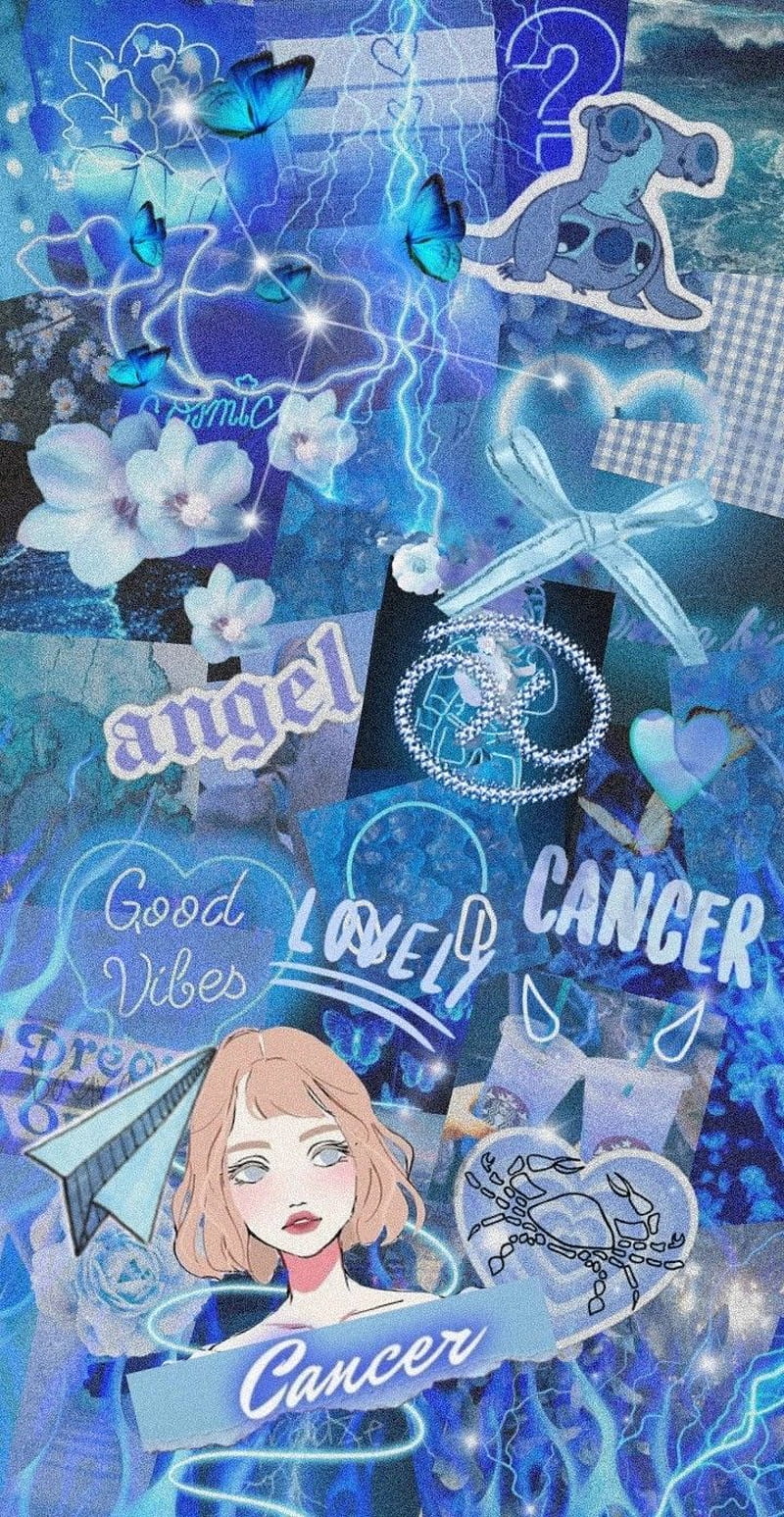 A blue background with various stickers and images - Cancer