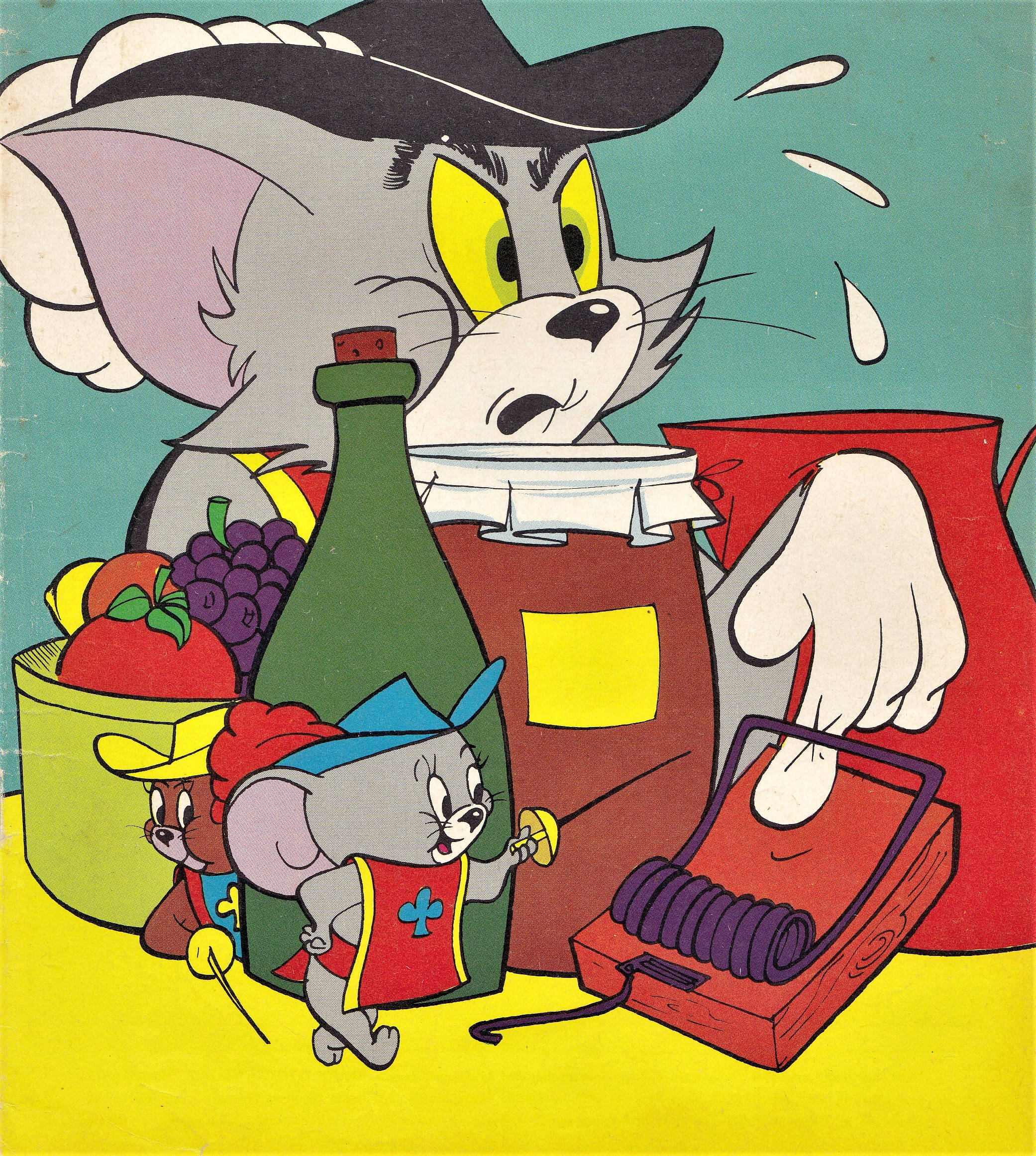 Vintage Tom and Jerry illustration of Tom in a hat and apron holding a bottle of alcohol and a mouse - Tom and Jerry