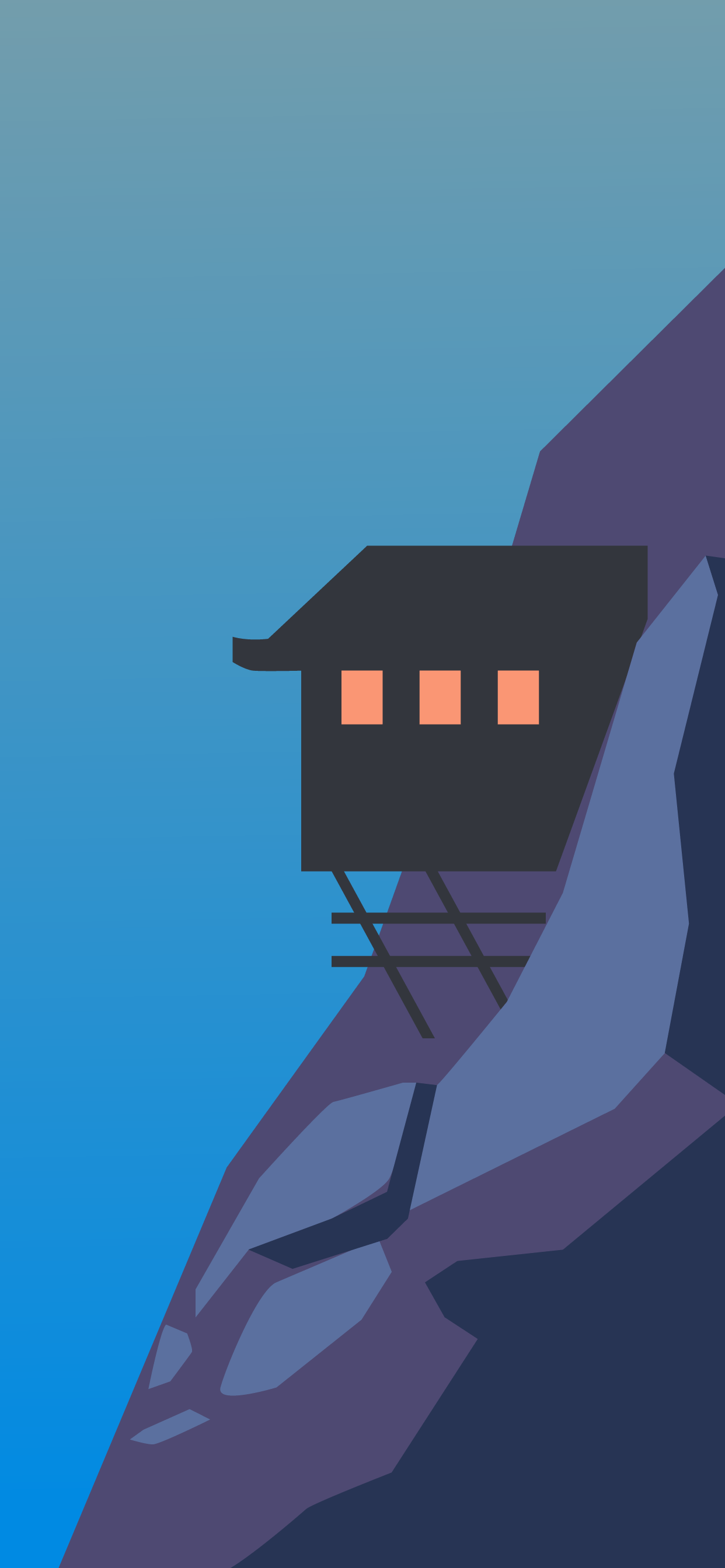 A black house on stilts sits on a purple mountain with a blue sky background - Minimalist