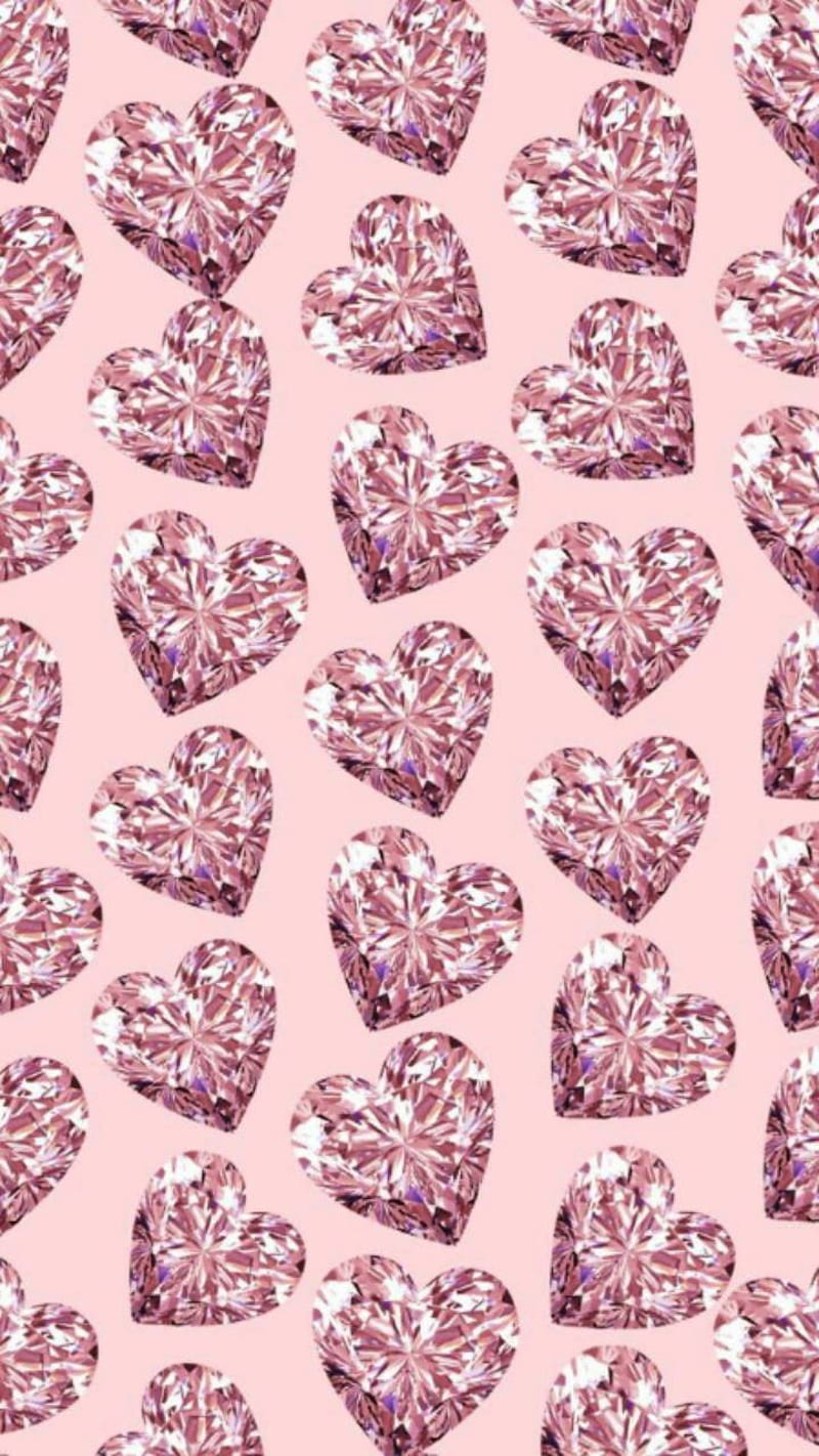 Pink hearts with diamonds on a light background - Diamond