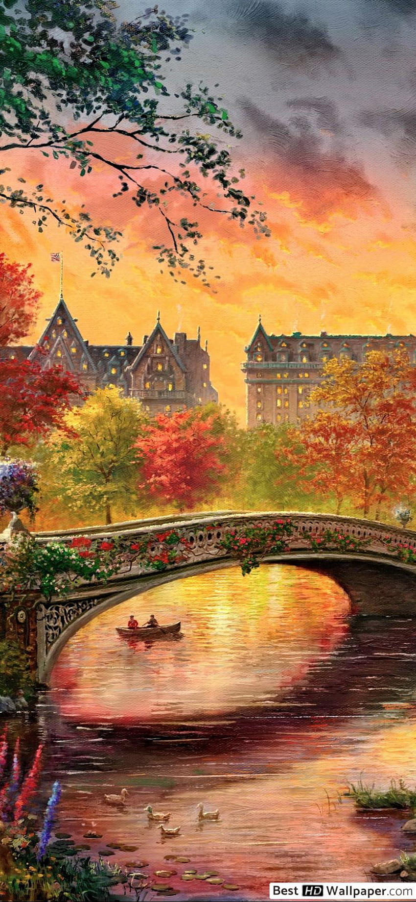 Painting of a bridge over a river with a boat in the water - Vintage fall