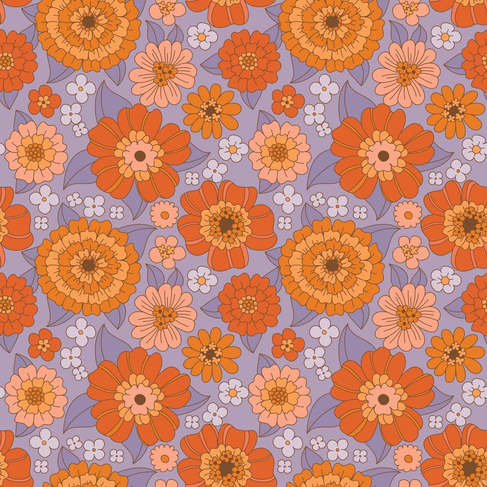 70s flowers seamless pattern. Groovy daisi flower. Hippie aesthetics, vintage style, fall colors. Sunflowers and dahlias with purple foliage. Retro textile design, vector illustration. Boho chic