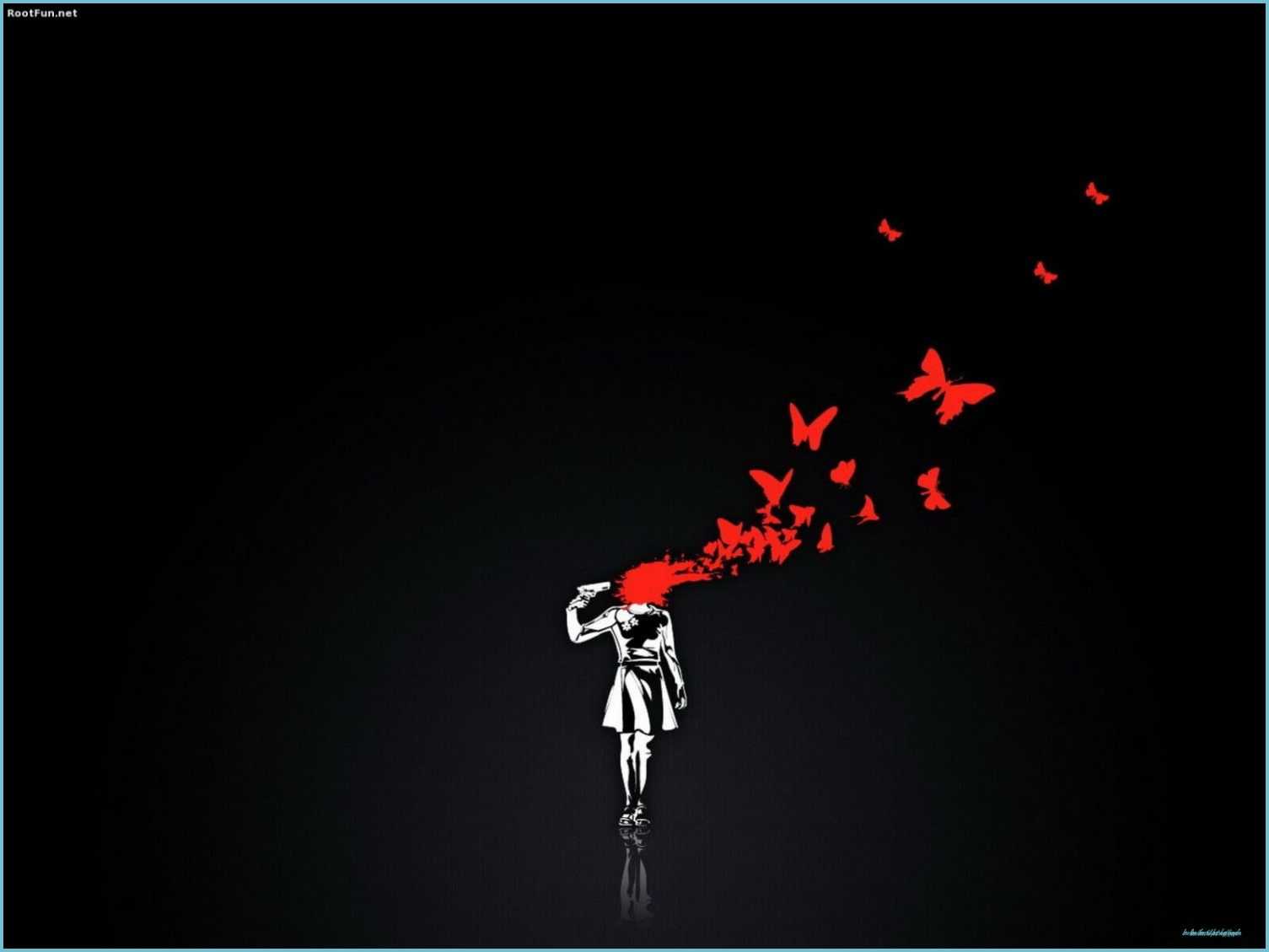 A woman with red butterflies flying around her - Black heart