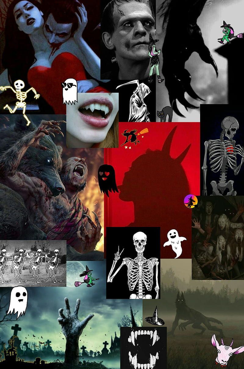 A collage of images of Halloween characters such as Frankenstein, Dracula, and skeletons. - Creepy, horror