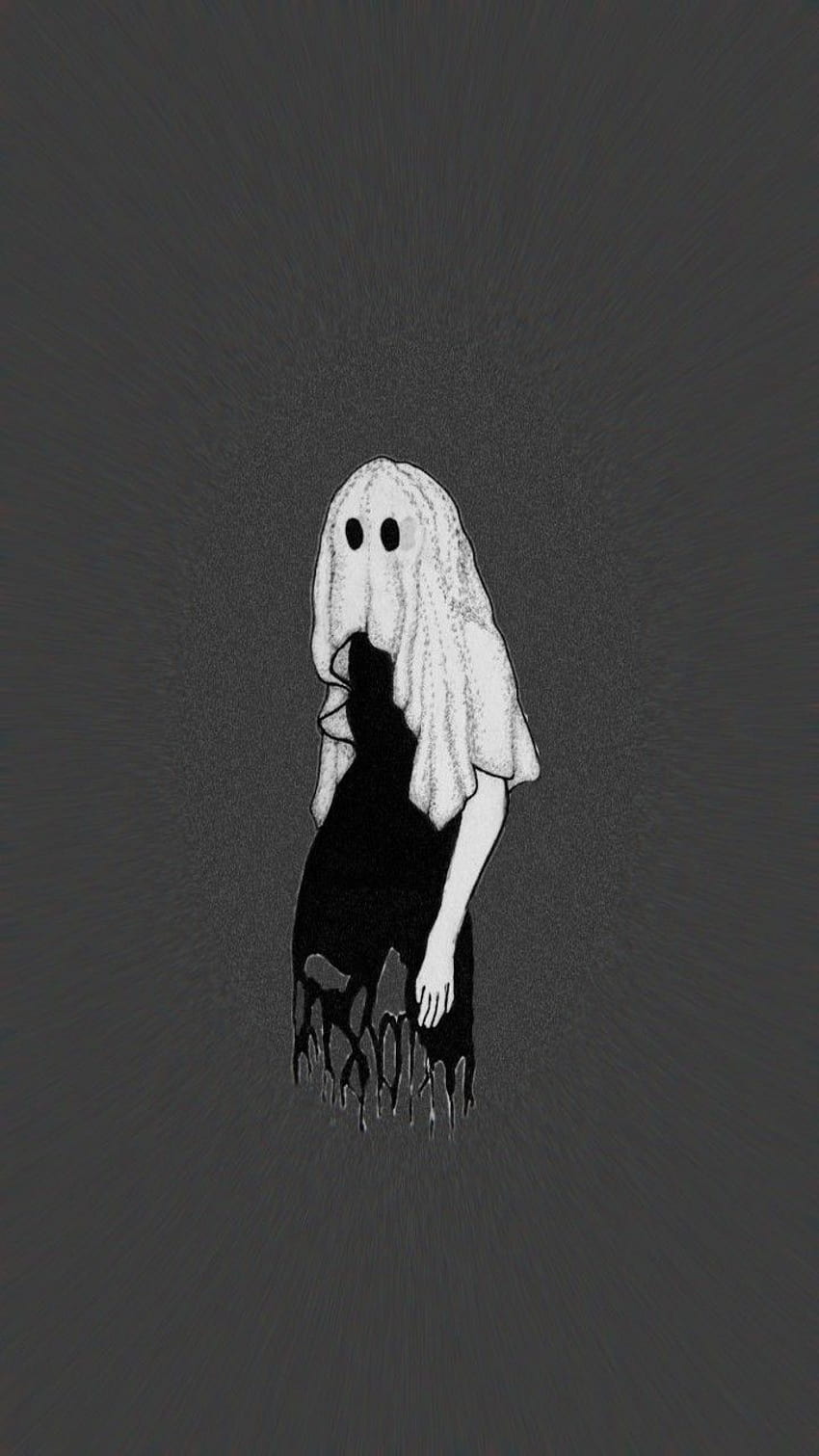 A black and white illustration of a ghostly figure holding a shadow of a person. - Horror