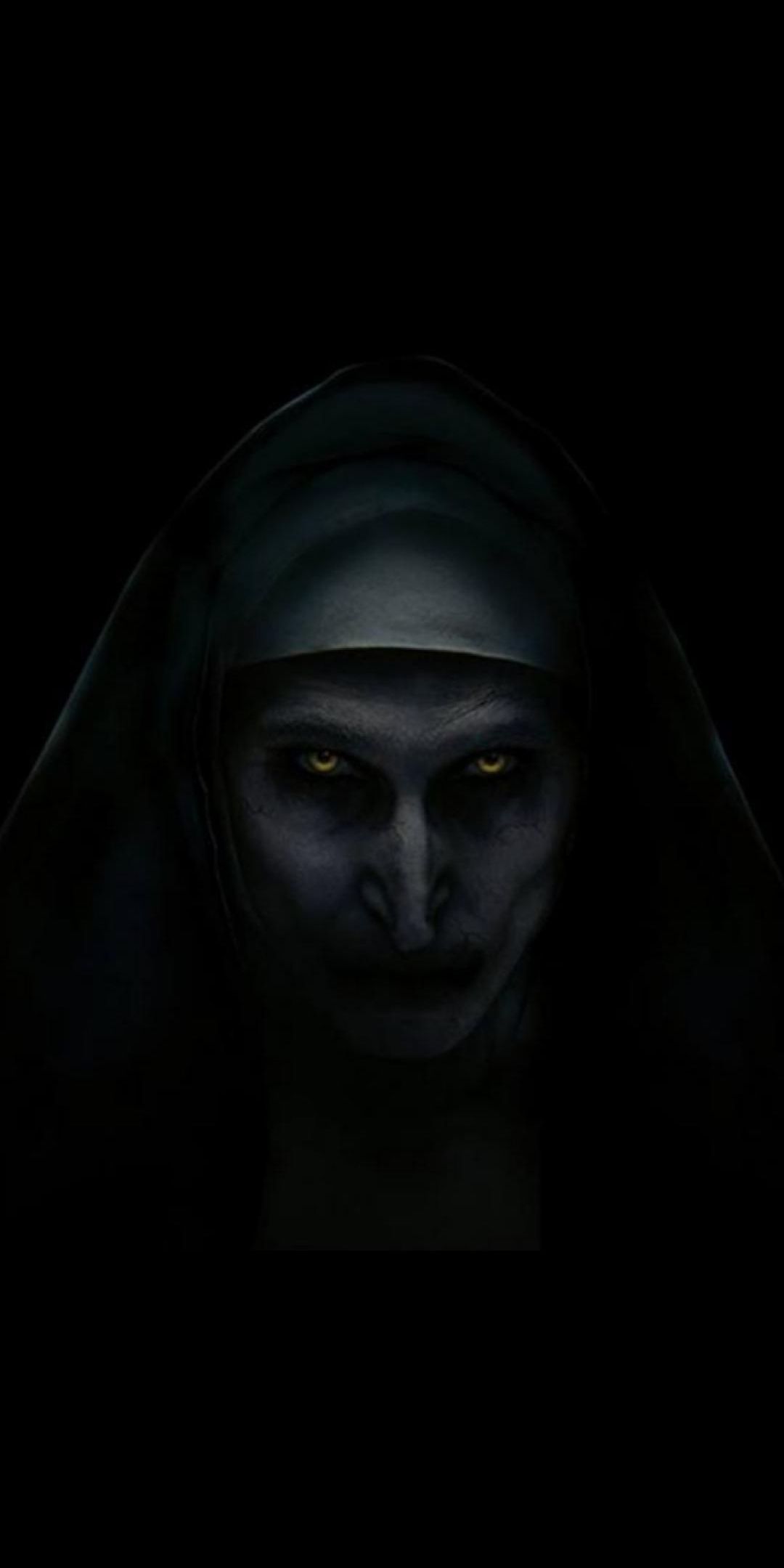 A black and white image of a nun with yellow eyes. - Horror