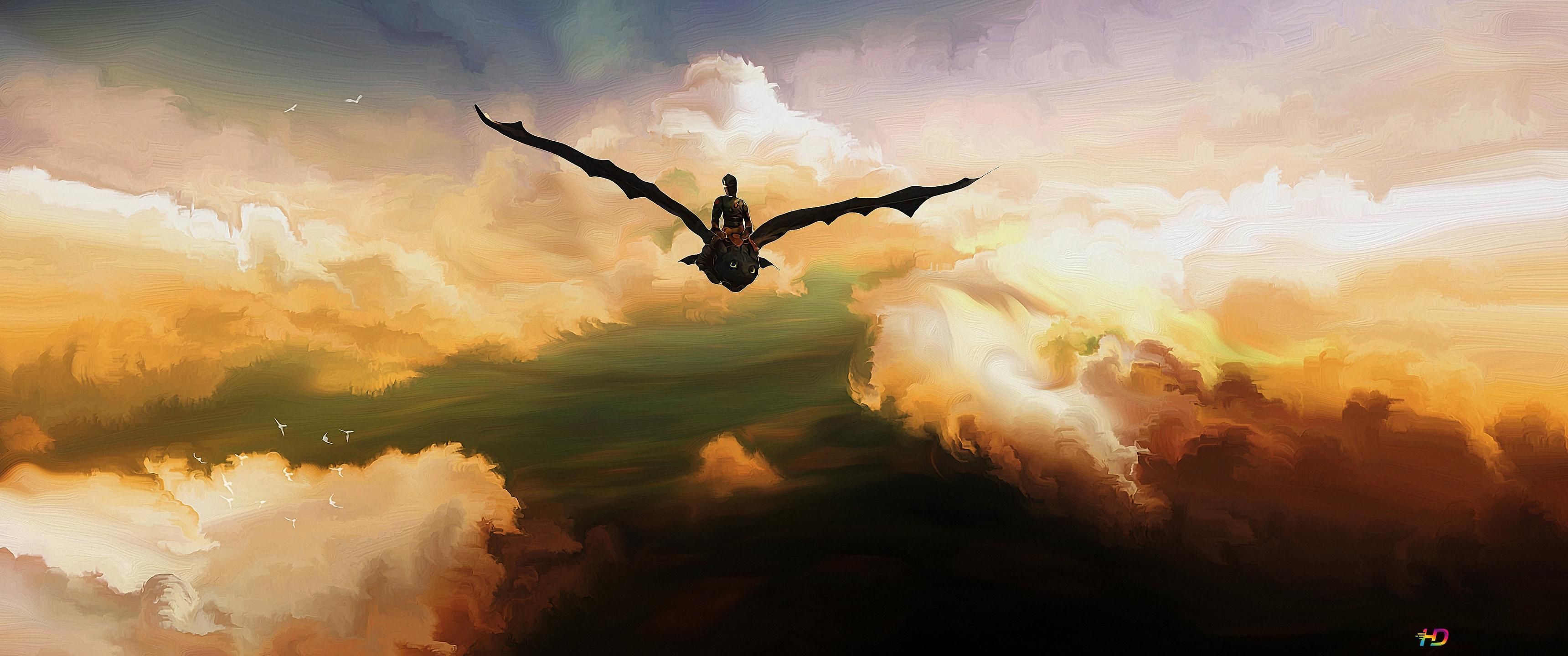 A painting of an eagle flying in the sky - 3440x1440